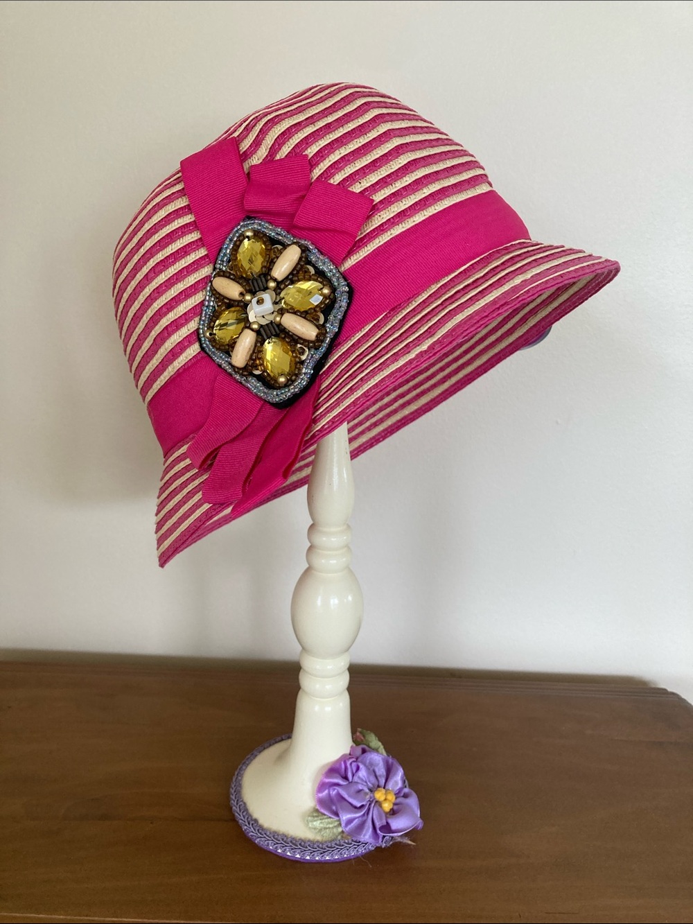 Packable Pink Straw Paper Cloche Hat with Jewel Accent